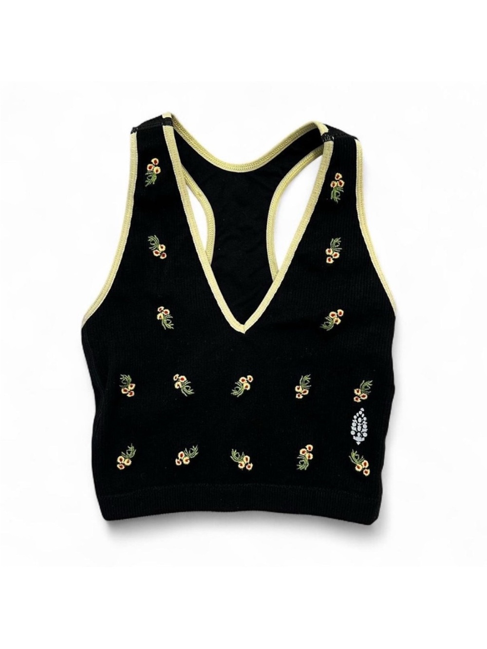 FP NWOT Black Ribbed Floral Embroidered Racerback Crop Tank with Yellow Trim